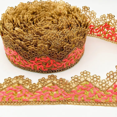 Gold Sheer Tissue Fabric Cutwork Trim with Embroidery in Gold and Salmon Pink, Scallop Trim, Fringe Trim